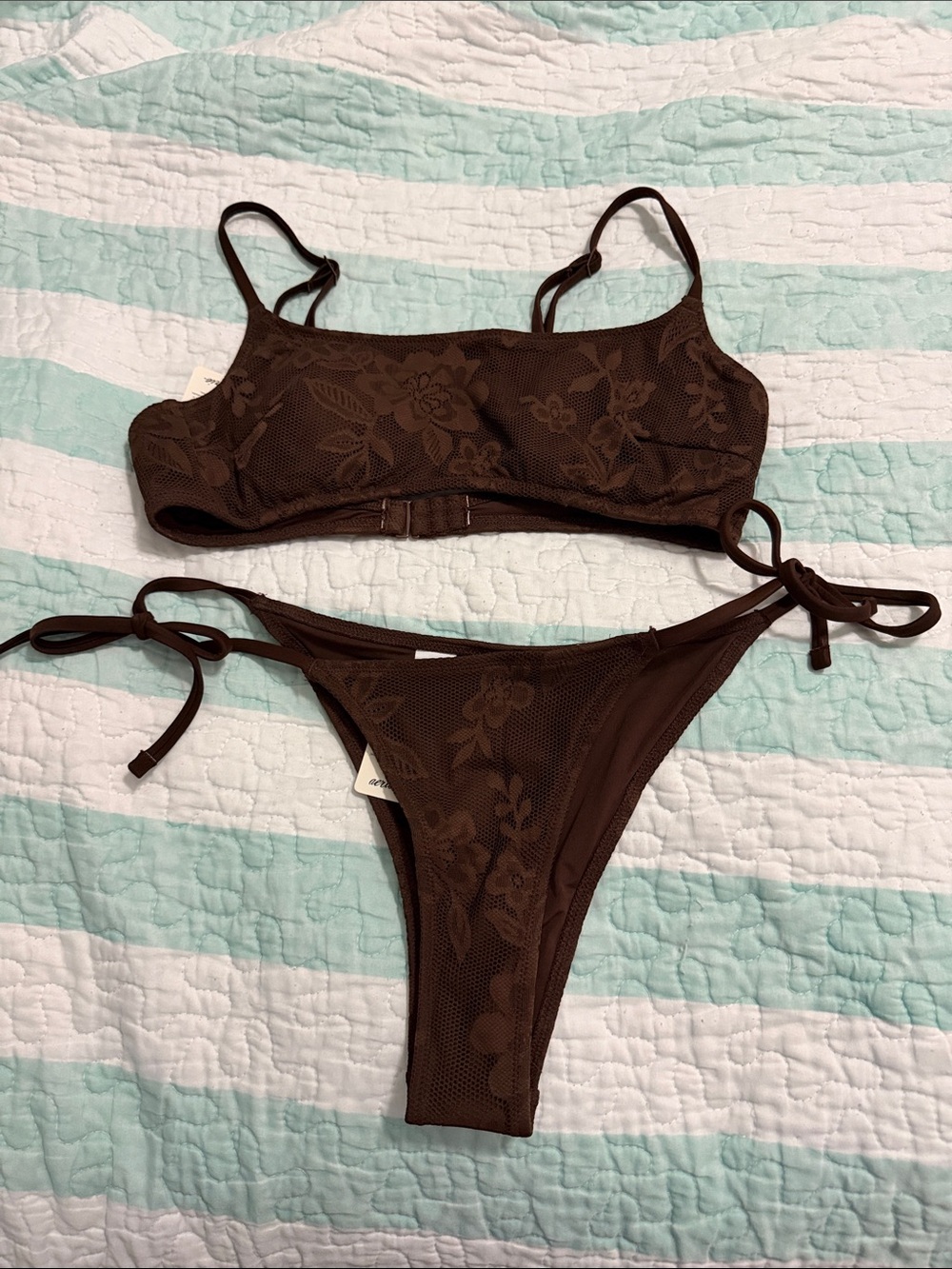Brown Floral lace like Tie-Side Bikini Set - Women Swim
